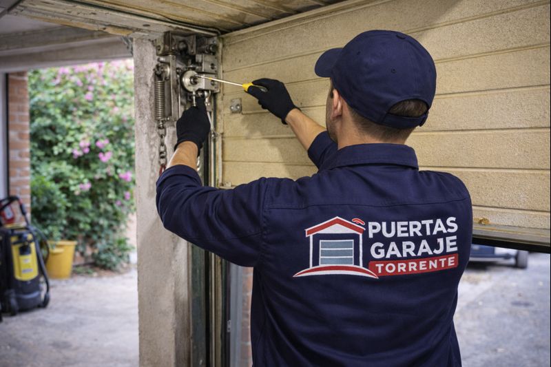 Técnico de Puertas Garaje ajustando una puerta basculante de garaje en una vivienda