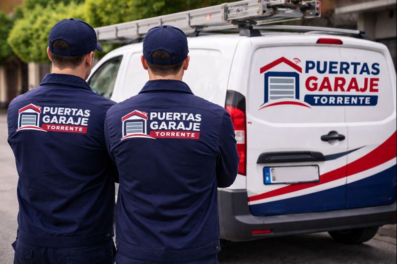 Técnicos de Puertas Garaje Torrente junto a la furgoneta corporativa con el logo de la empresa