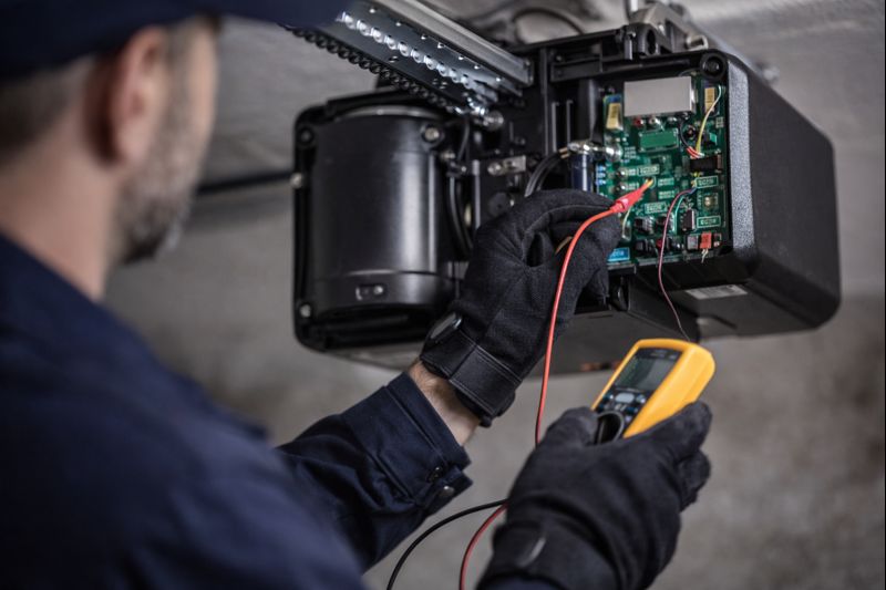 Revisión del motor y cuadro de control de una puerta de garaje durante mantenimiento en Torrent