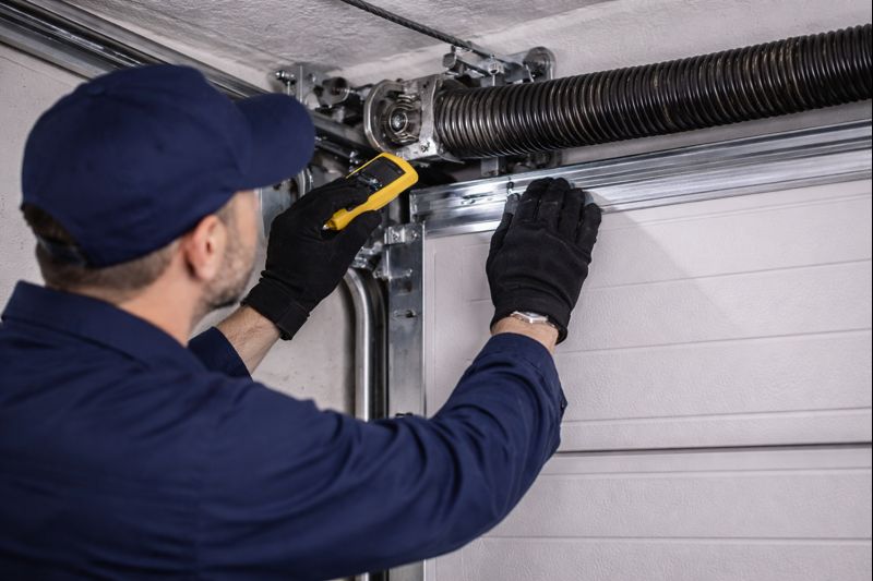Técnico realizando la revisión de una puerta de garaje durante mantenimiento en Torrent